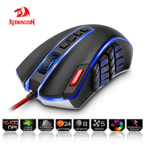 Redragon USB Gaming Mouse 16400 DPI 24 buttons ergonomic design for desktop