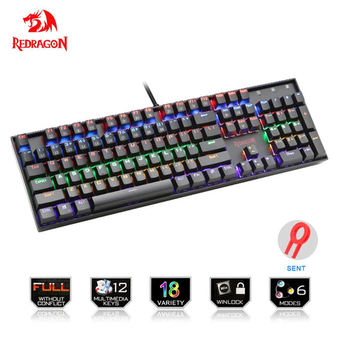 Redragon Rainbow USB mechanical gaming keyboard ergonomic LED backlit keys