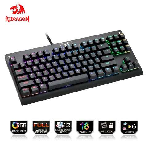 Redragon USB mechanical gaming keyboard ergonomic RGB color LED backlit keys